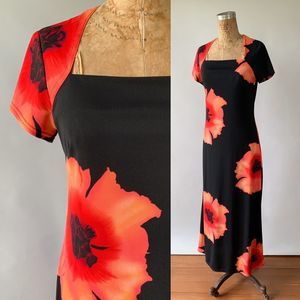 Vintage 1990s Black Coral Tropical Floral Stretchy Square Neck Maxi Dress S M